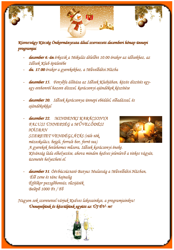 Kisrozvágy decemberi hónap programjai