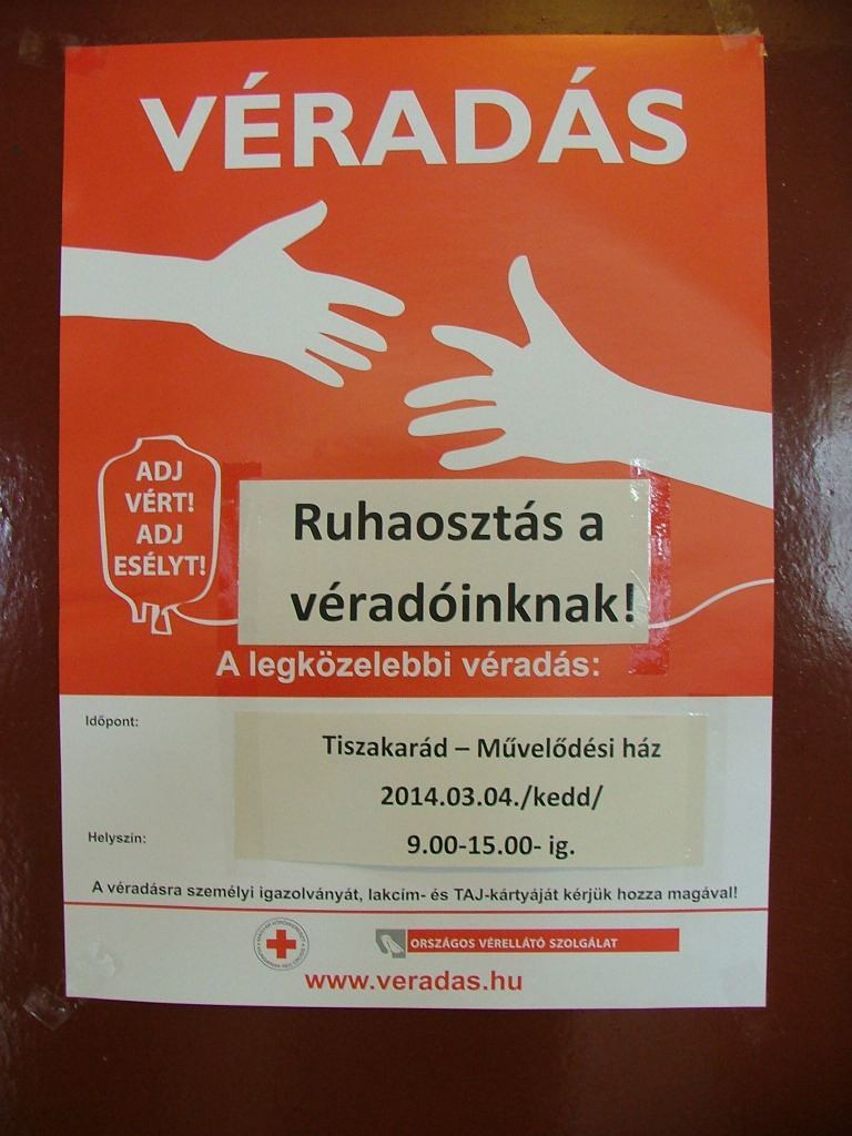 Felhívás! „Adj vért! Adj esélyt!” - véradás Tiszakarádon