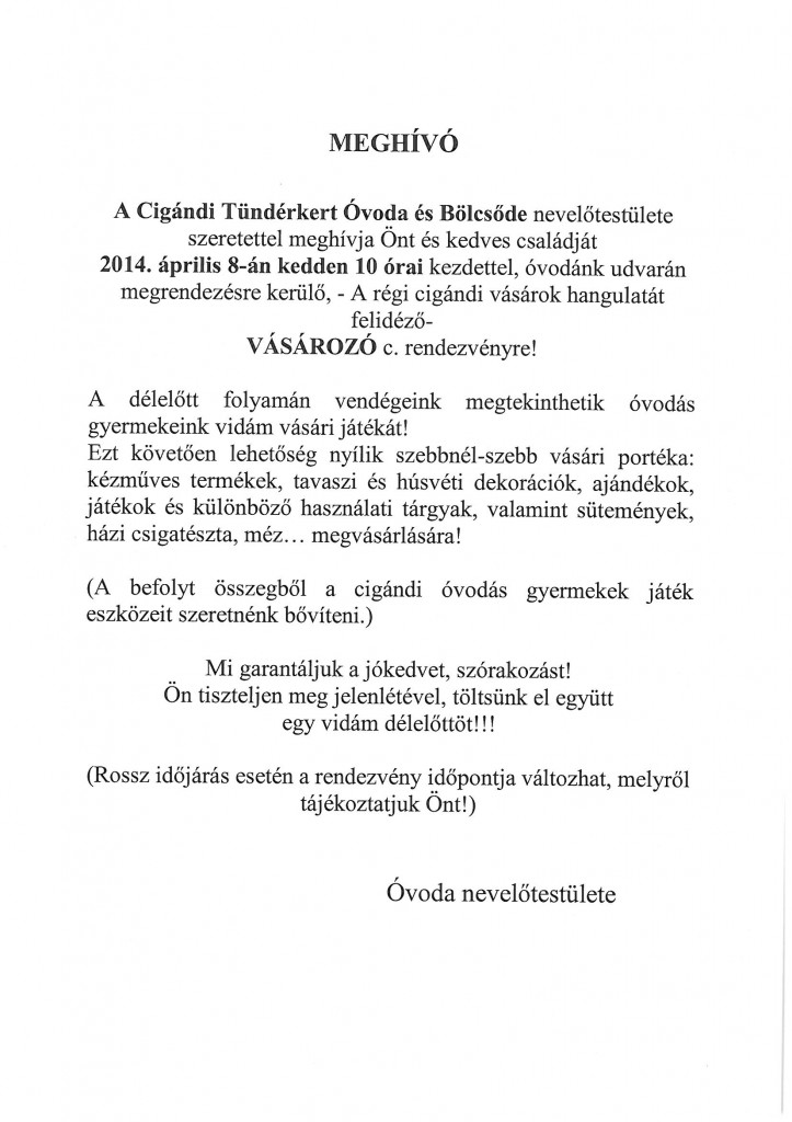 Vásározó a Cigándi Tündérkert Óvoda és Bölcsődében
